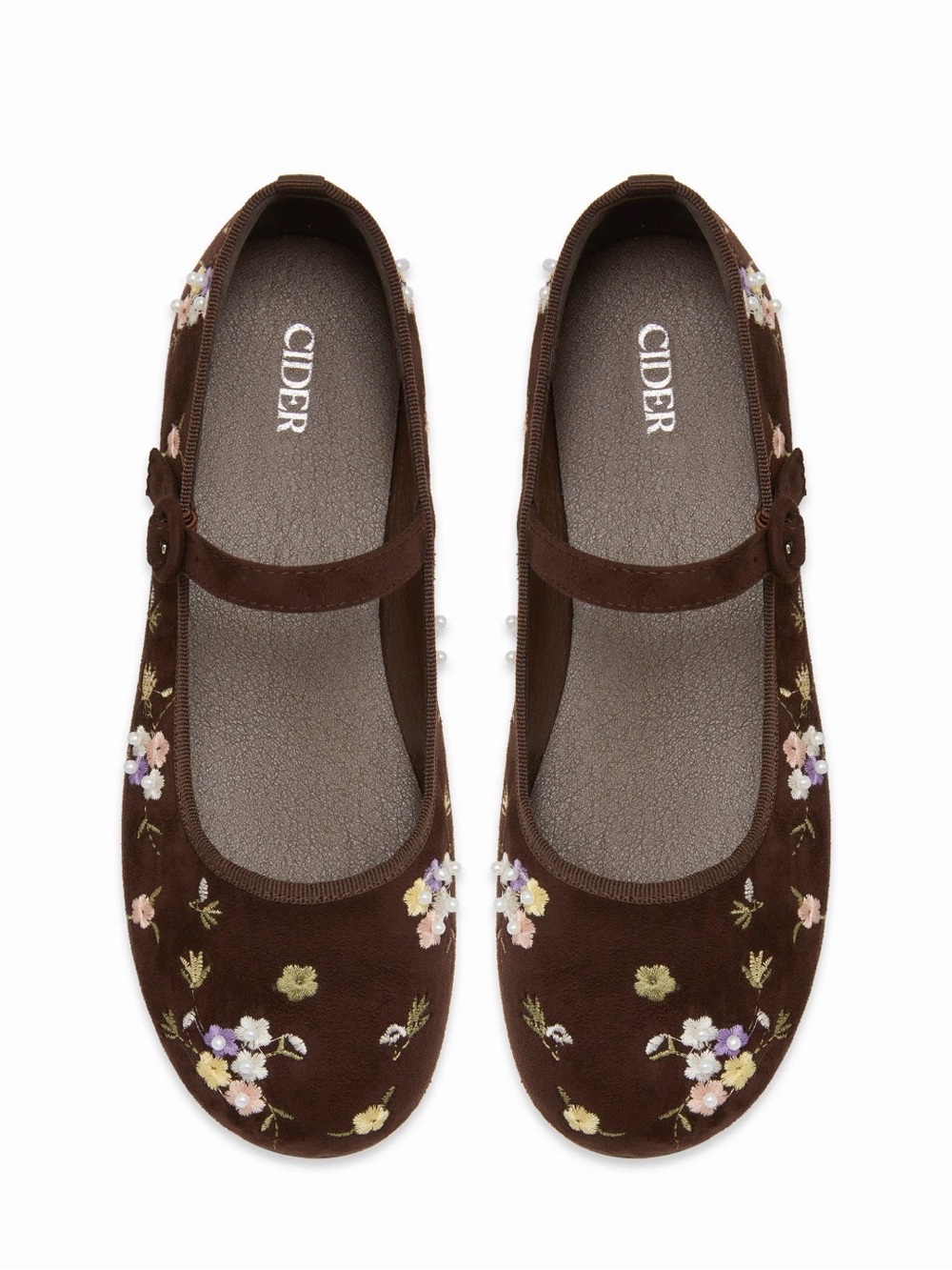 Cider Brown Floral Embroidered Mary Jane Flats